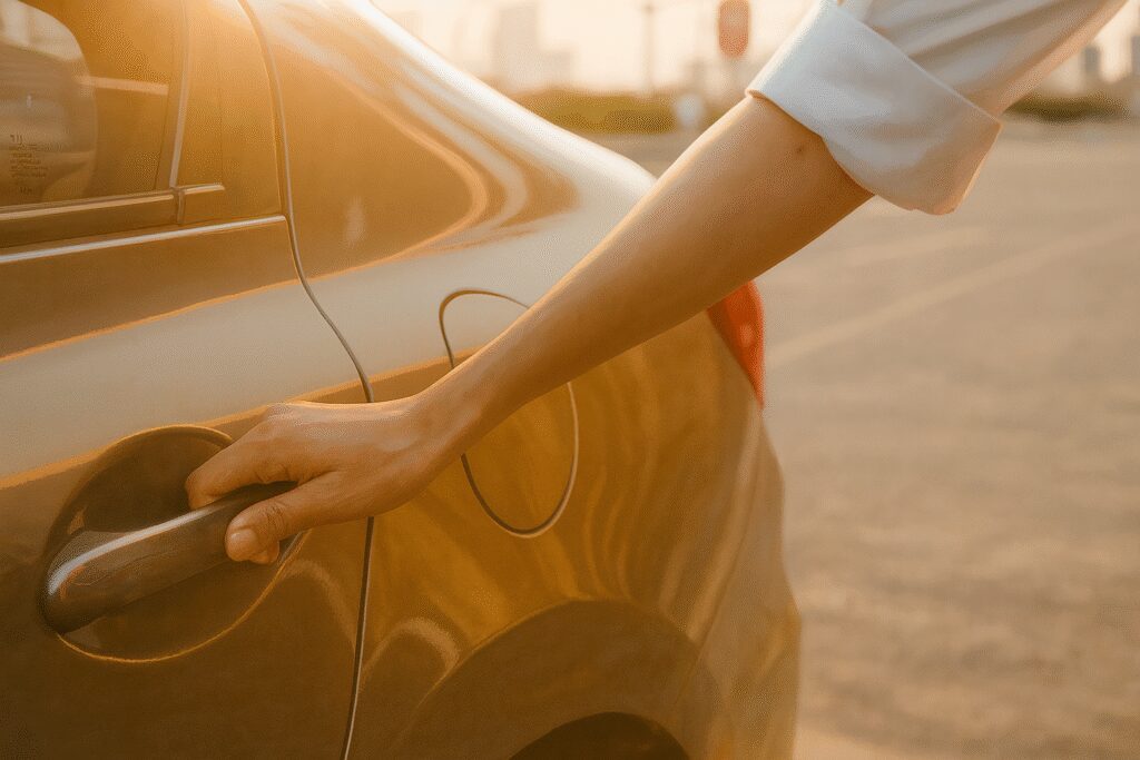 Person opening a car door in warm sunset light