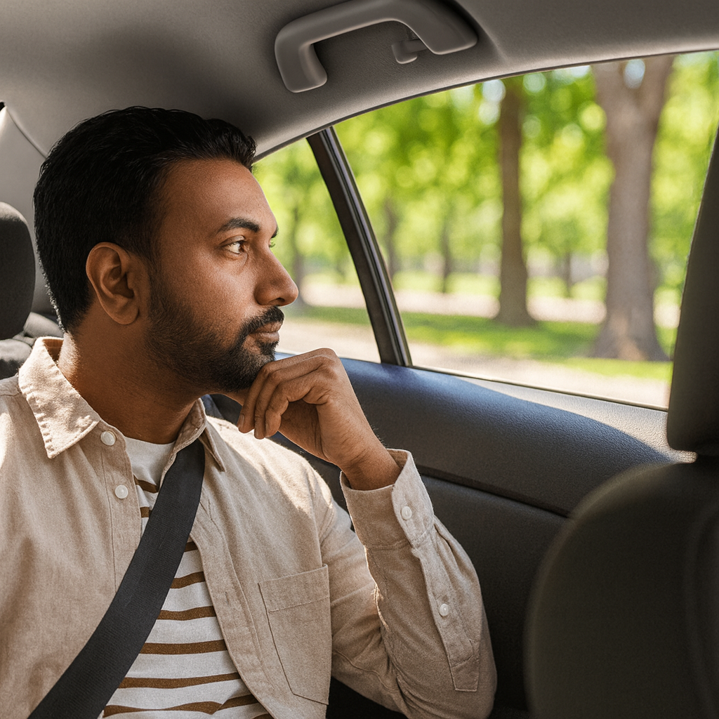 Man sitting in the back seat of a car looking thoughtfully out of the window